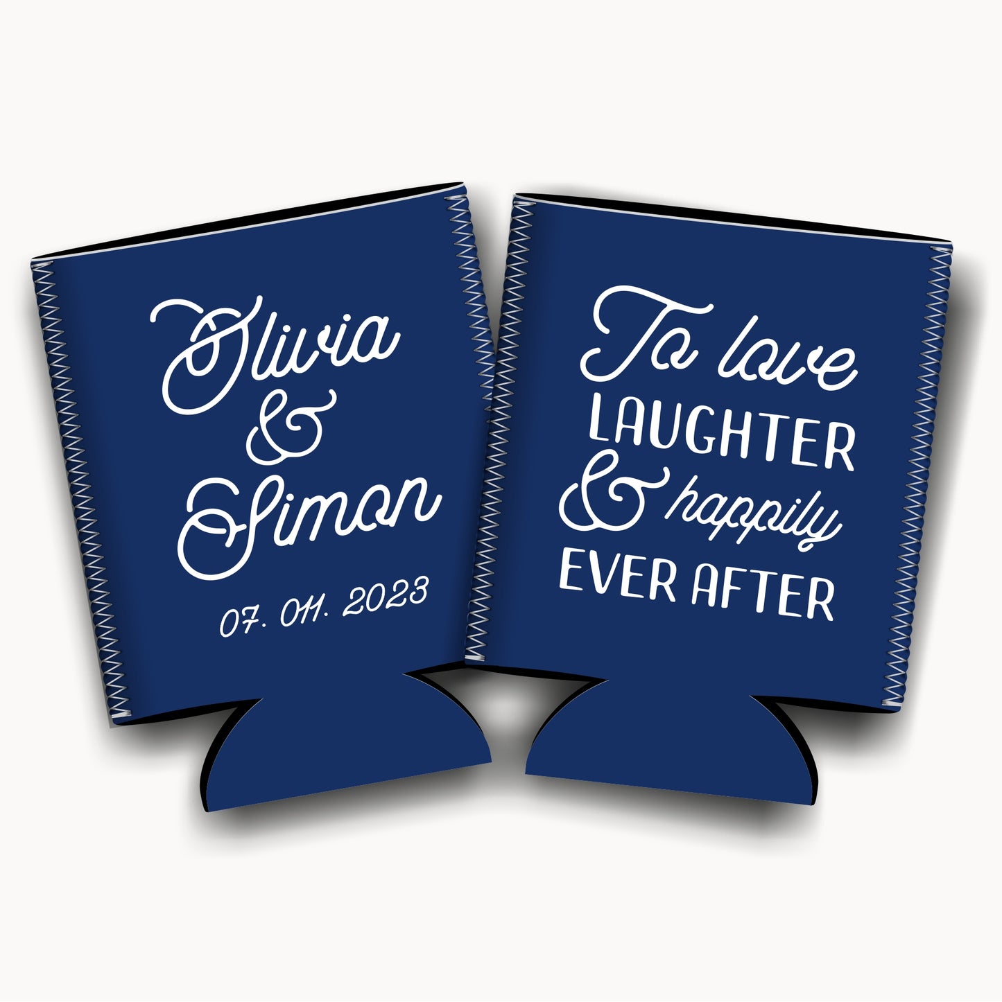 To love, laughter and happily ever after. Personalized Flat-Pack Collapsible Wedding Stubby Holders / Can Cooler. Wedding Favors. - Quantity of 20 - Design #80 - FREE SHIPPING