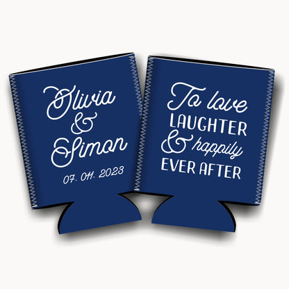 To love, laughter and happily ever after. Personalized Flat-Pack Collapsible Wedding Stubby Holders / Can Cooler. Wedding Favors. - Quantity of 20 - Design #80 - FREE SHIPPING