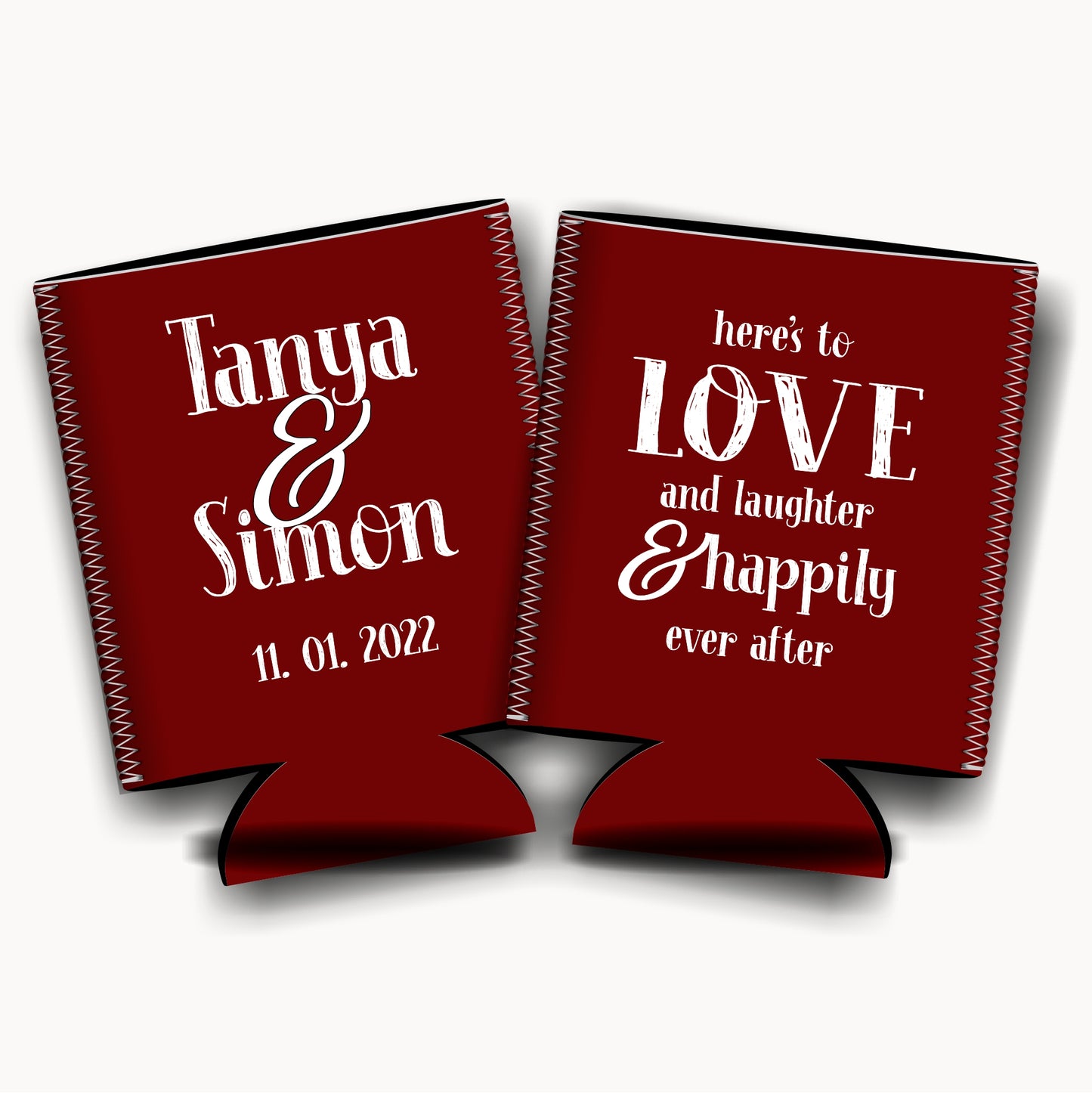 To love, laughter and happily ever after. Personalized Flat-Pack Collapsible Wedding Stubby Holders / Can Cooler.. Wedding Favors. - Quantity of 20 - Design #81 - FREE SHIPPING