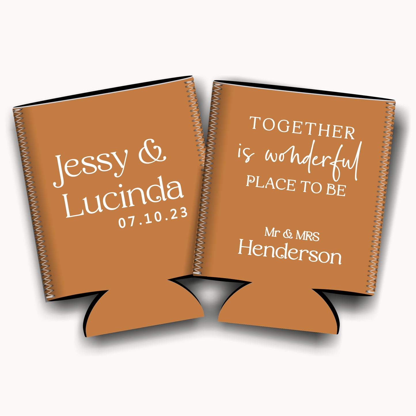 Together is wonderful place to be. Personalized Flat-Pack Collapsible Wedding Stubby Holders / Can Cooler. Wedding Favors. Quantity of 20 - Design #239 - FREE SHIPPING