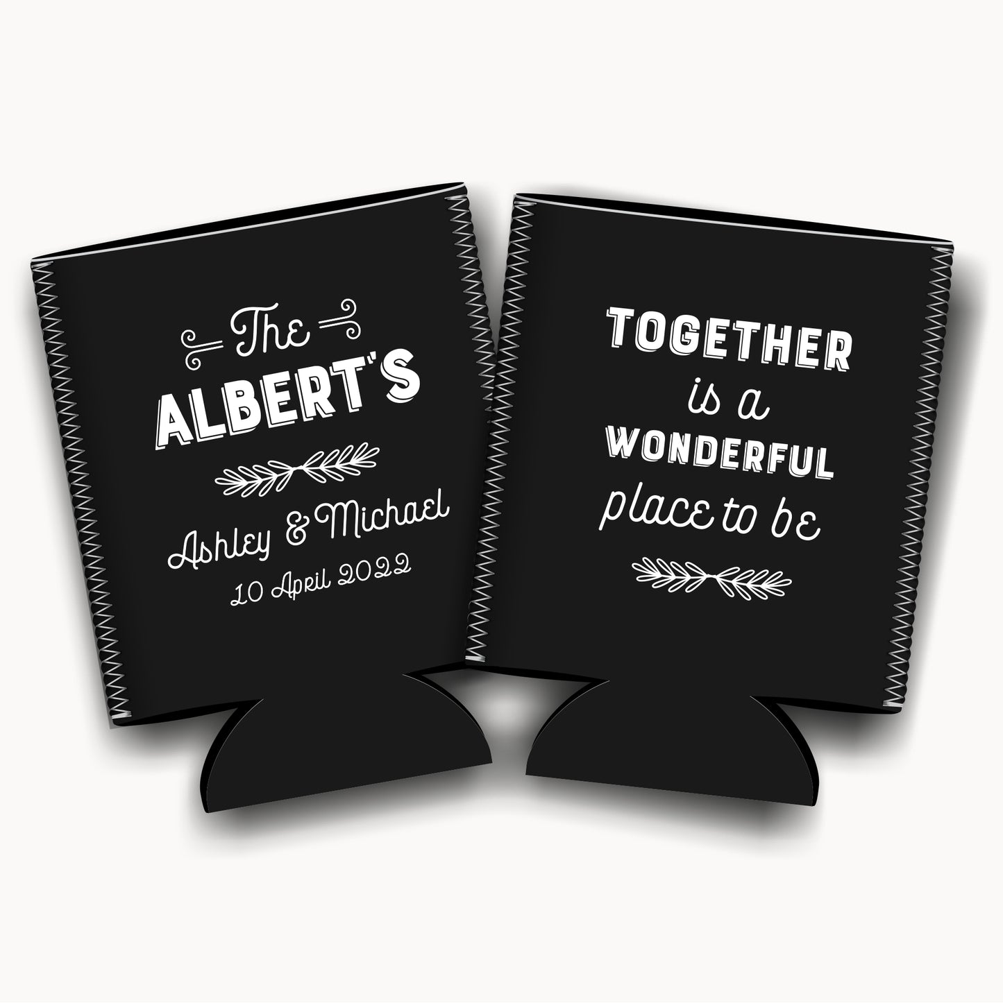 Together is wonderfull place to be. Personalized Flat-Pack Collapsible Wedding Stubby Holders / Can Cooler.. Wedding Favors. - Quantity of 20 - Design #84 - FREE SHIPPING