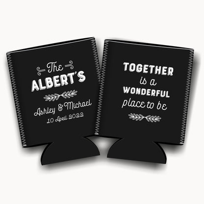 Together is wonderfull place to be. Personalized Flat-Pack Collapsible Wedding Stubby Holders / Can Cooler.. Wedding Favors. - Quantity of 20 - Design #84 - FREE SHIPPING