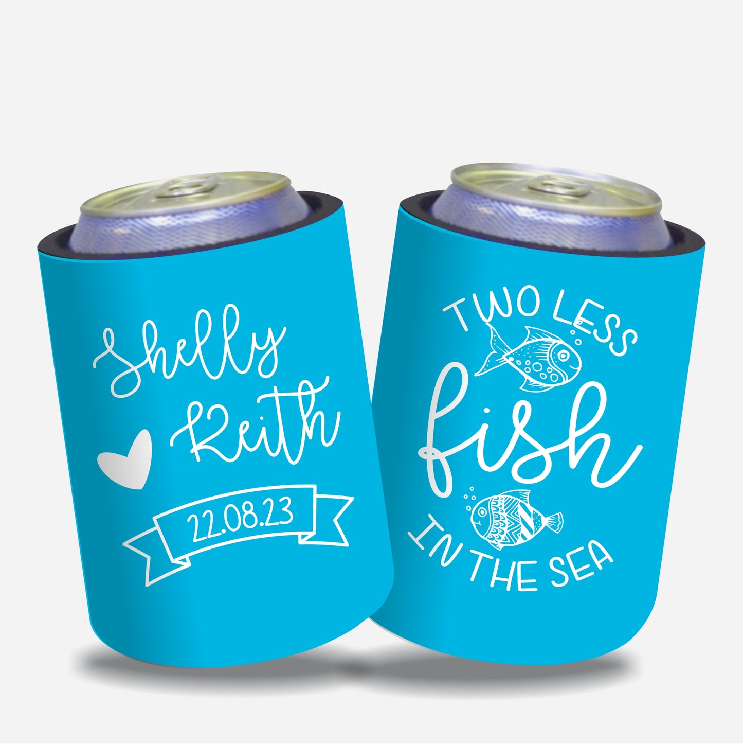 Personalized Wedding Stubby Holders. - Two less fish in the sea. Quantity 20 - #84 - FREE EXPRESS SHIPPING