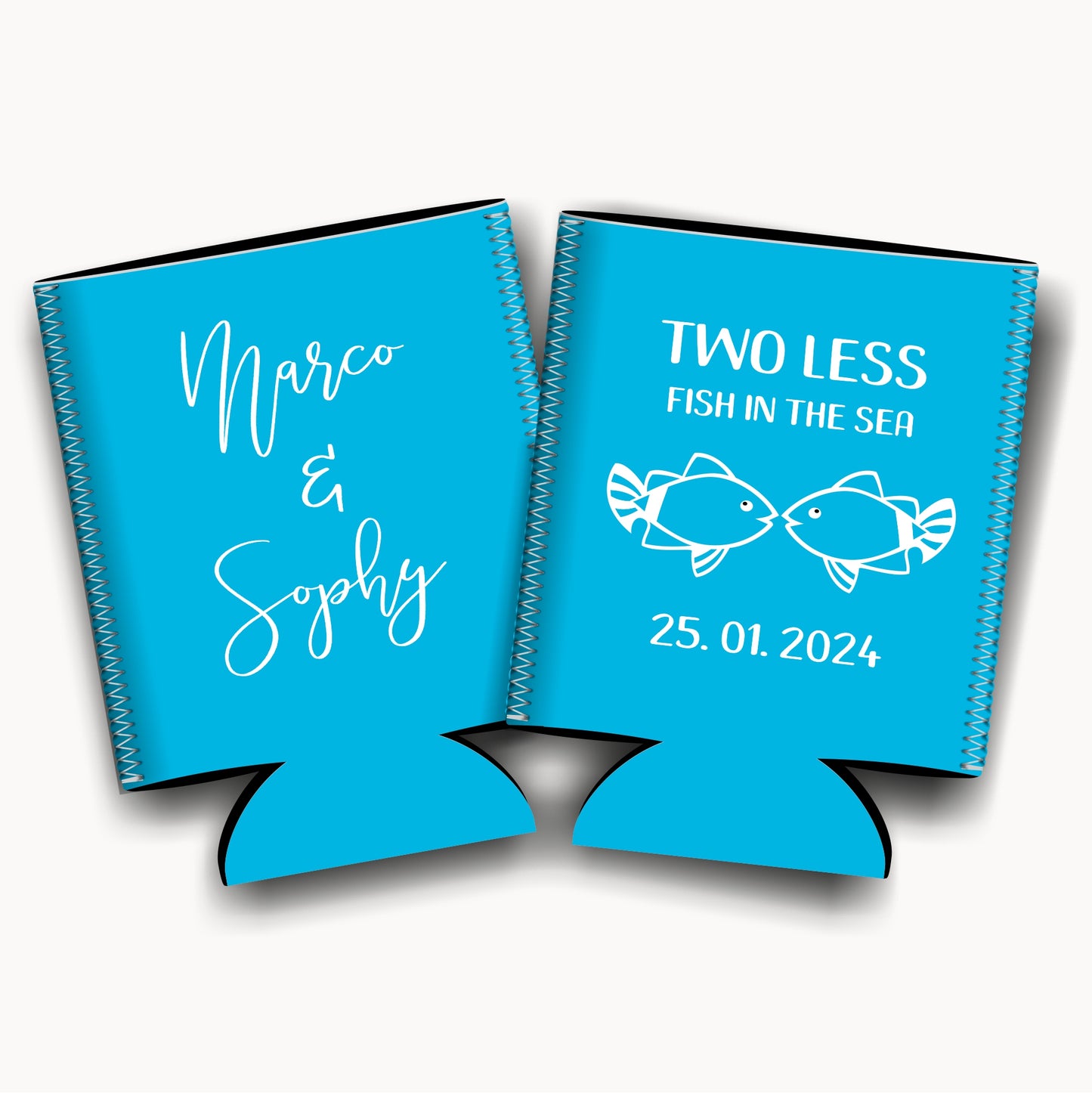 Two less fish in the sea. Personalized Flat-Pack Collapsible Wedding Stubby Holders / Can Cooler. Wedding Favors. - Quantity of 20 - Design #86 - FREE SHIPPING