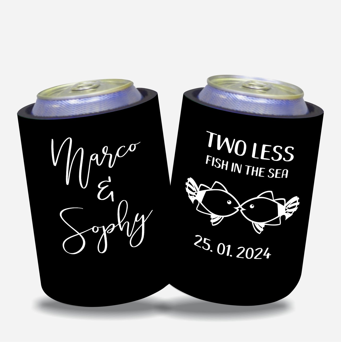 Personalized Wedding Stubby Holders. - Two less fish in the sea. Quantity 20 - #96 - FREE SHIPPING.