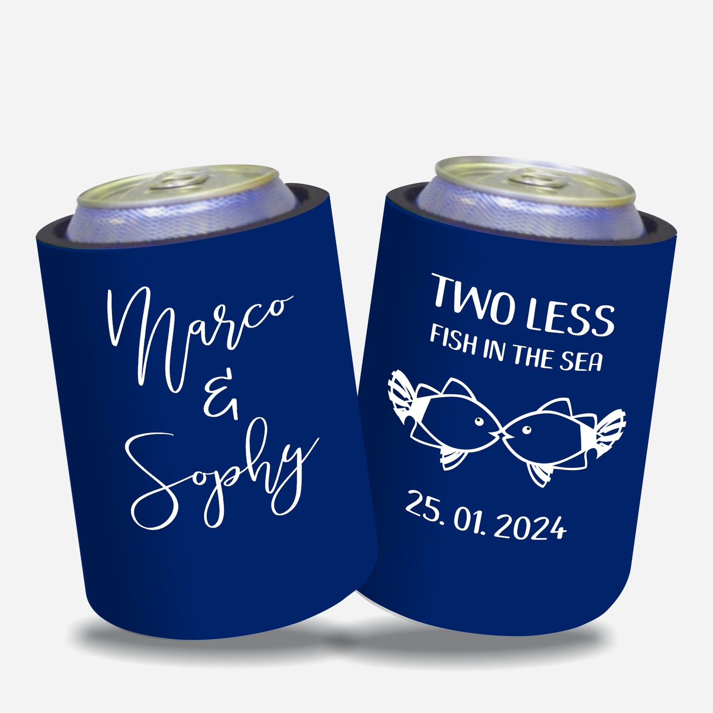 Personalized Wedding Stubby Holders. - Two less fish in the sea. Quantity 20 - #96 - FREE SHIPPING.