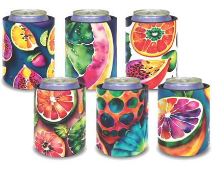 Stubby Holders for home. Set of 6. Full colour stubby holders. Colourfull fruit slices.