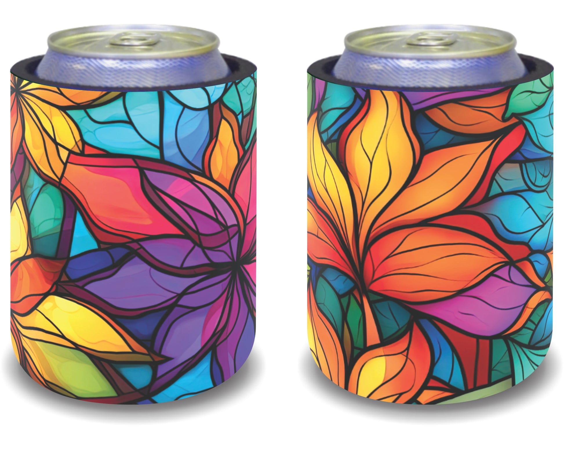 Stubby Holders for home. Set of 6. Full colour stubby holders. Stained Glass Colourfull Florals.