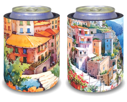 Stubby Holders for home. Set of 6. Full colour stubby holders. Mediteranian coastal vilage. #101