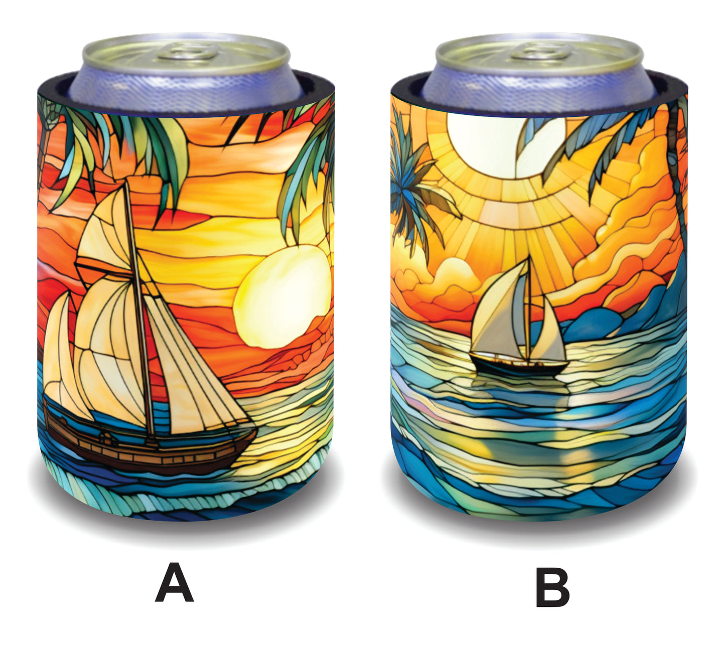 #047 Stubby Holders for home. Set of 2. Full colour stubby holders. Sunset across the horizon. Vintage stained glass.