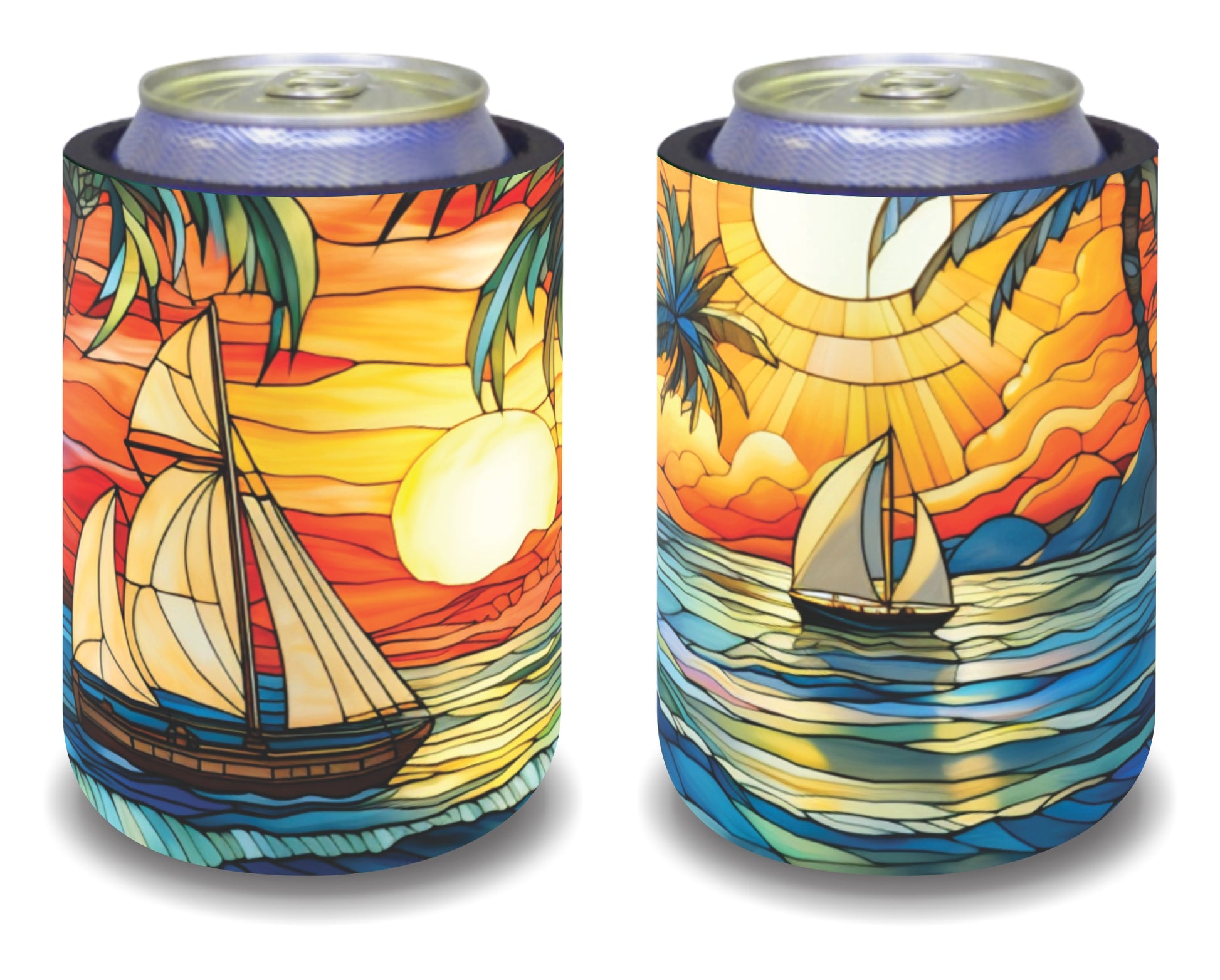 Stubby Holders for home. Set of 6. Full colour stubby holders. Sunset across the horizon. Vintage stained glass.