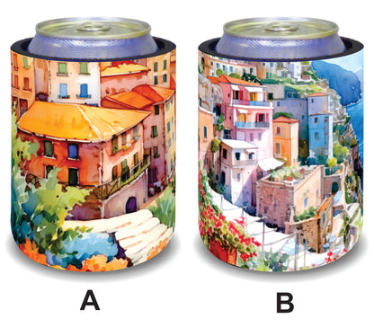 #101 Stubby Holders for home. Set of 2. Full colour stubby holders. Mediterranean coastal village.