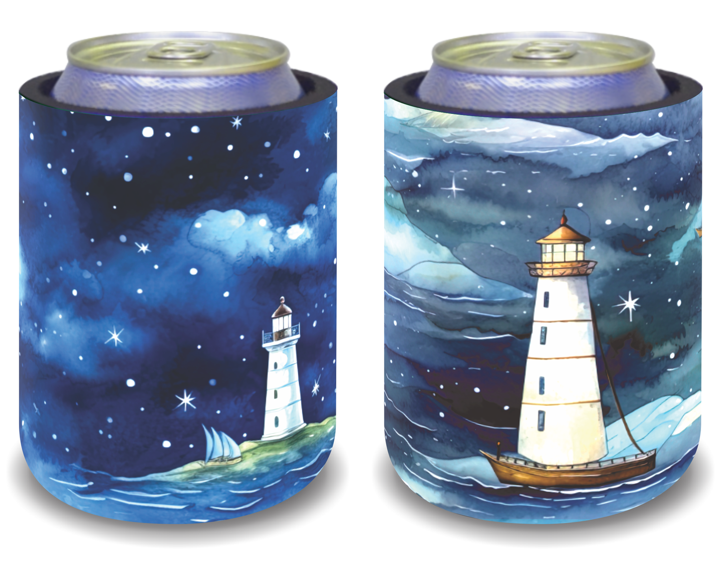 Stubby Holders for home. Set of 6. Full colour stubby holders. Night scene with light house. #104