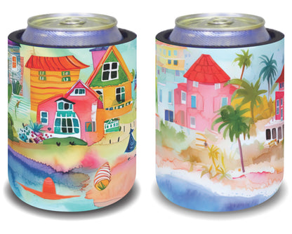 Stubby Holders for home. Set of 6. Full colour stubby holders. Cartoon beach vilage. #098