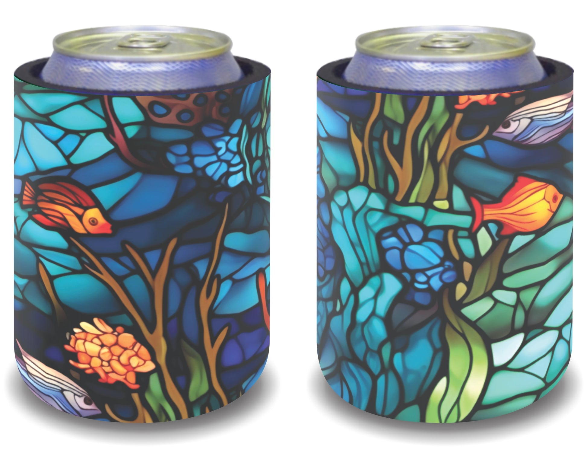 Stubby Holders for home. Set of 6. Full colour stubby holders. Stained Glass Under the sea.