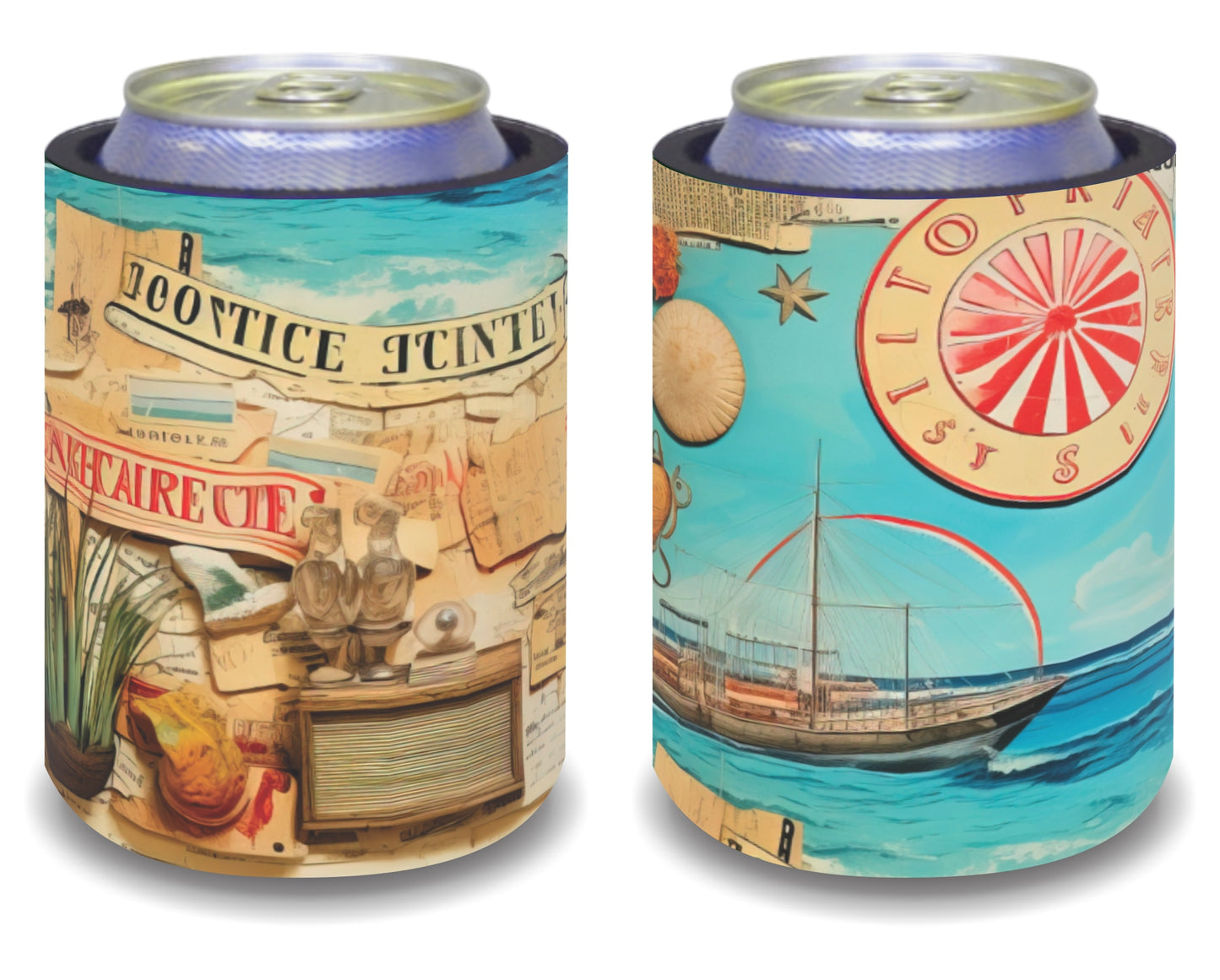 Stubby Holders for home. Set of 6. Full colour stubby holders. Retro Beach Scene. #041