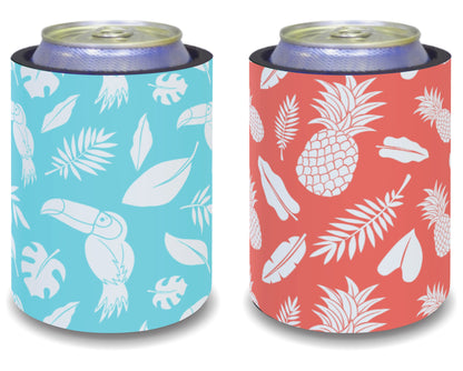 Stubby Holders for home. Set of 6. Full colour stubby holders. Colourfull Tropical Theme. 