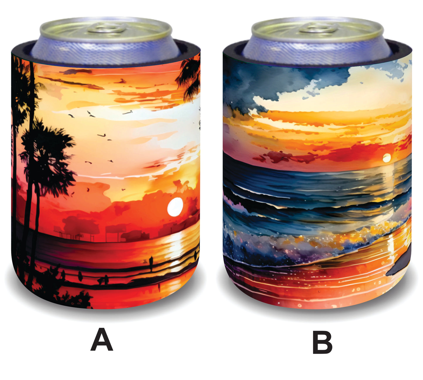 #099 Stubby Holders for home. Set of 2. Full colour stubby holders. Sunset on the beach.