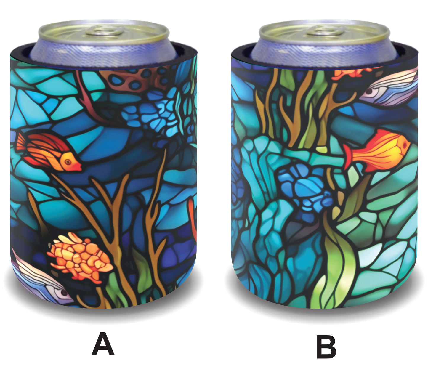 #050 Stubby Holders for home. Set of 2. Full colour stubby holders. Stained Glass Under the sea.