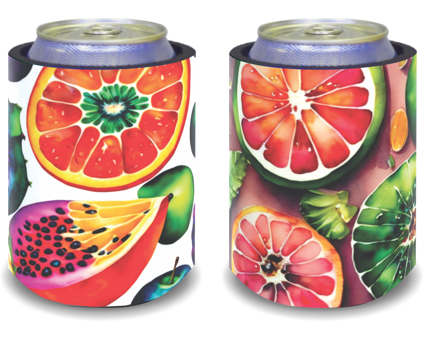 Stubby Holders for home. Set of 6. Full colour stubby holders. Colourfull fruit slices.