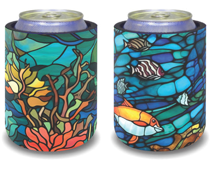 Stubby Holders for home. Set of 6. Full colour stubby holders. Stained Glass Under the sea.