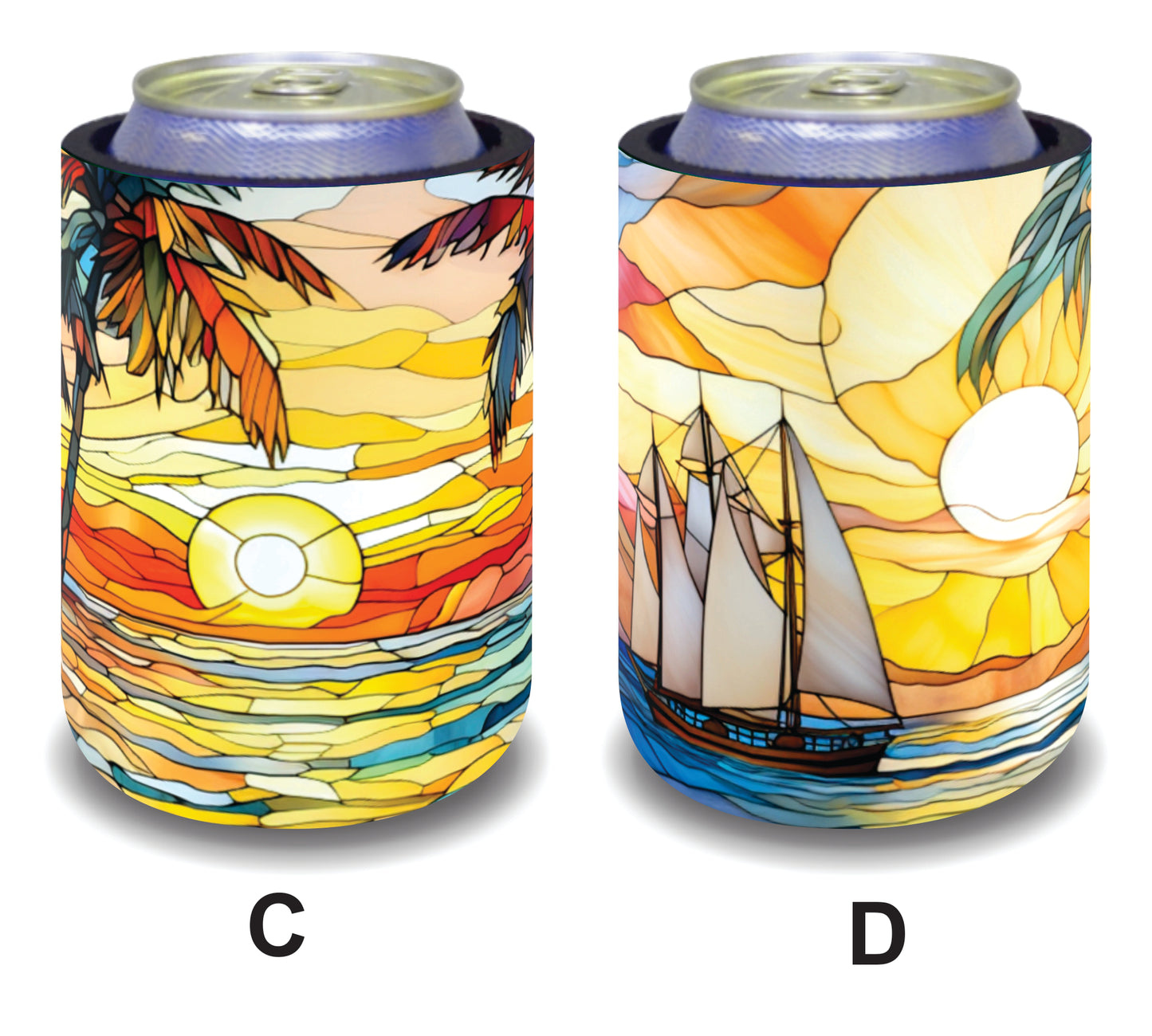 #047 Stubby Holders for home. Set of 2. Full colour stubby holders. Sunset across the horizon. Vintage stained glass.