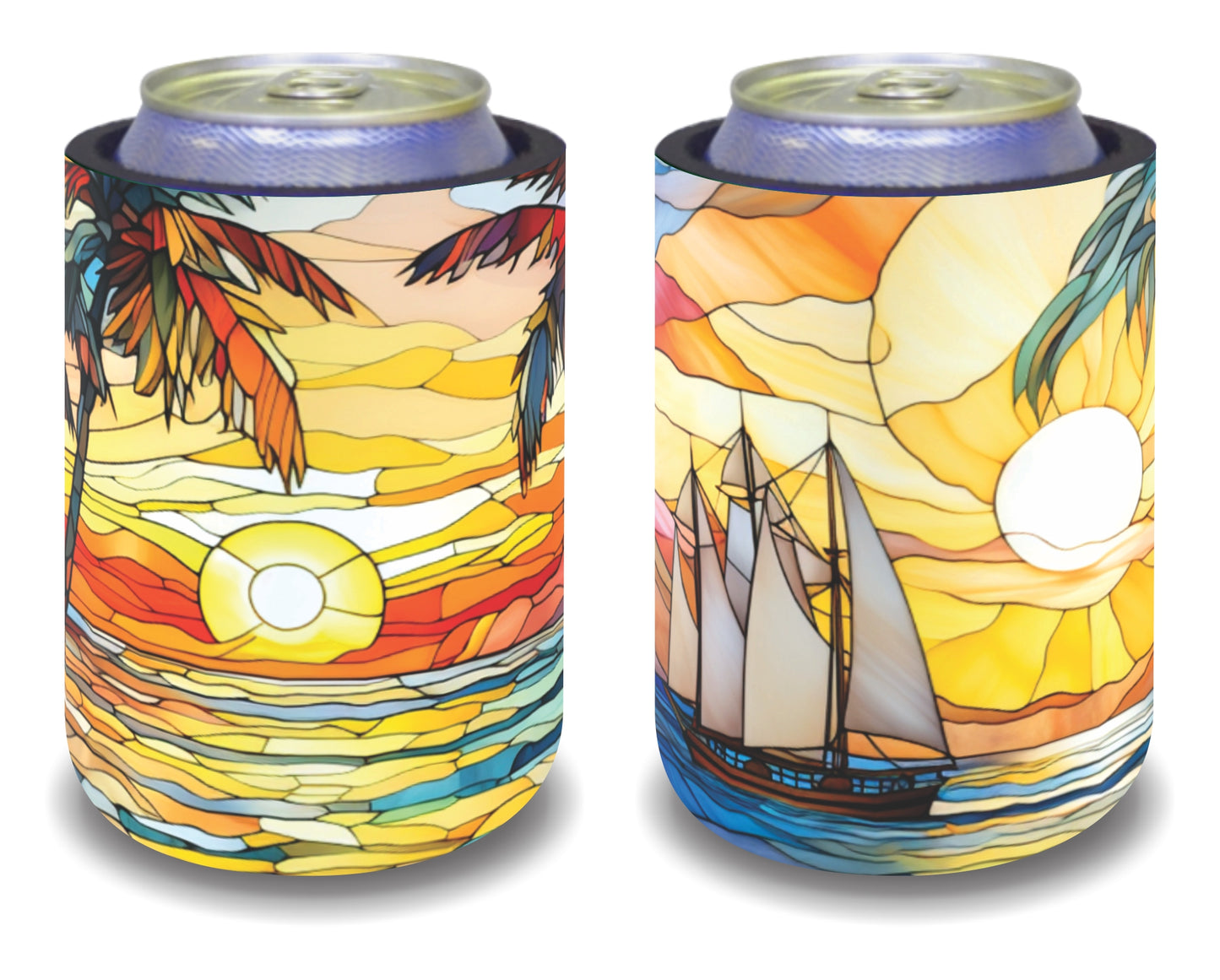 Stubby Holders for home. Set of 6. Full colour stubby holders. Sunset across the horizon. Vintage stained glass.