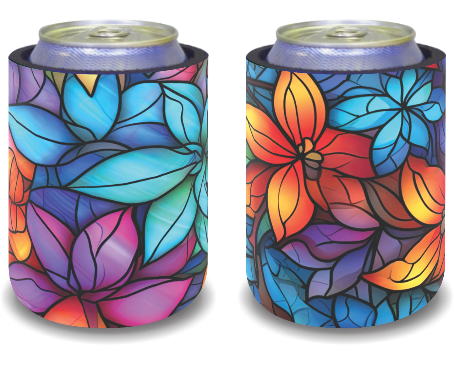 Stubby Holders for home. Set of 6. Full colour stubby holders. Stained Glass Colourfull Florals.