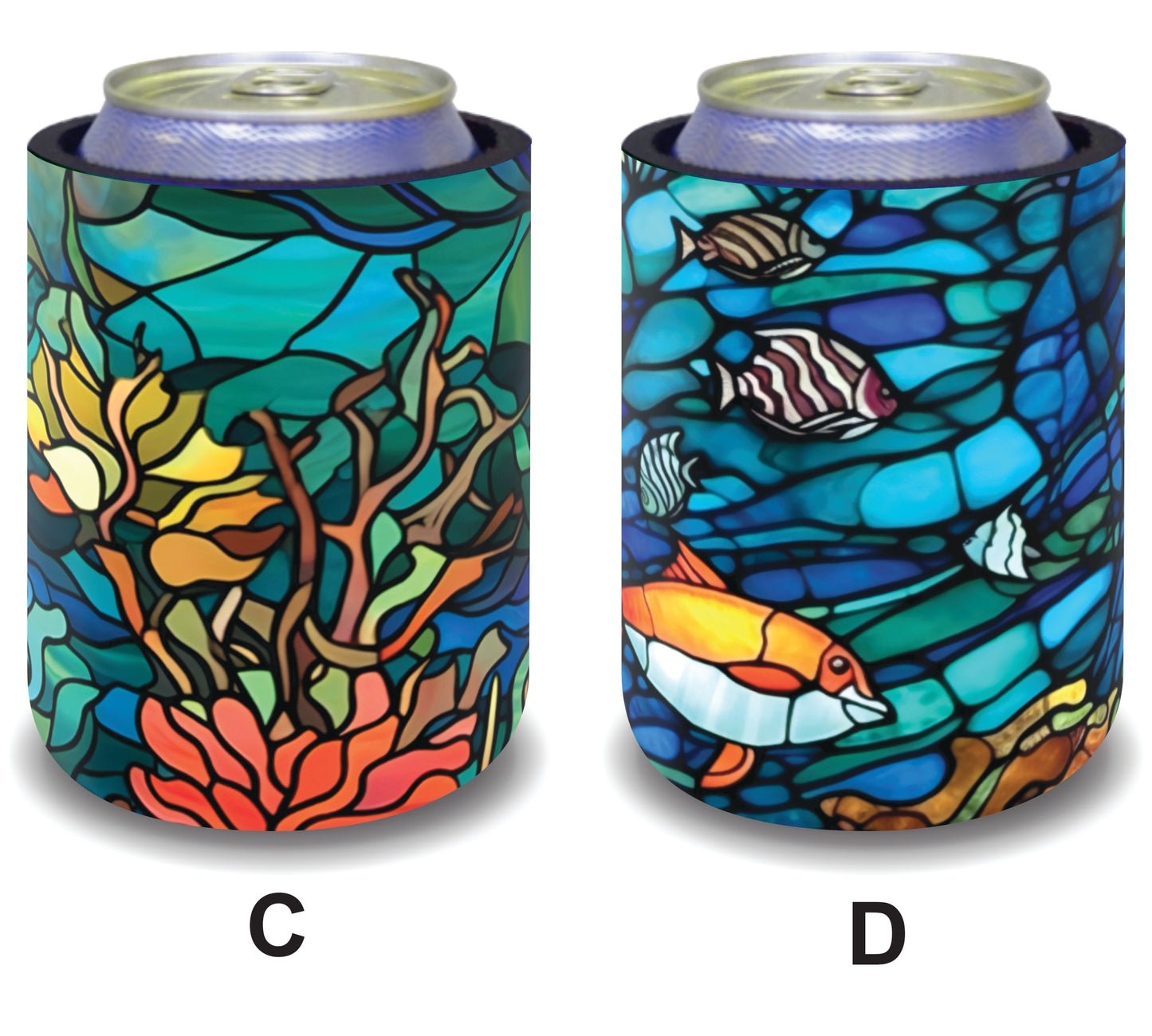 #050 Stubby Holders for home. Set of 2. Full colour stubby holders. Stained Glass Under the sea.