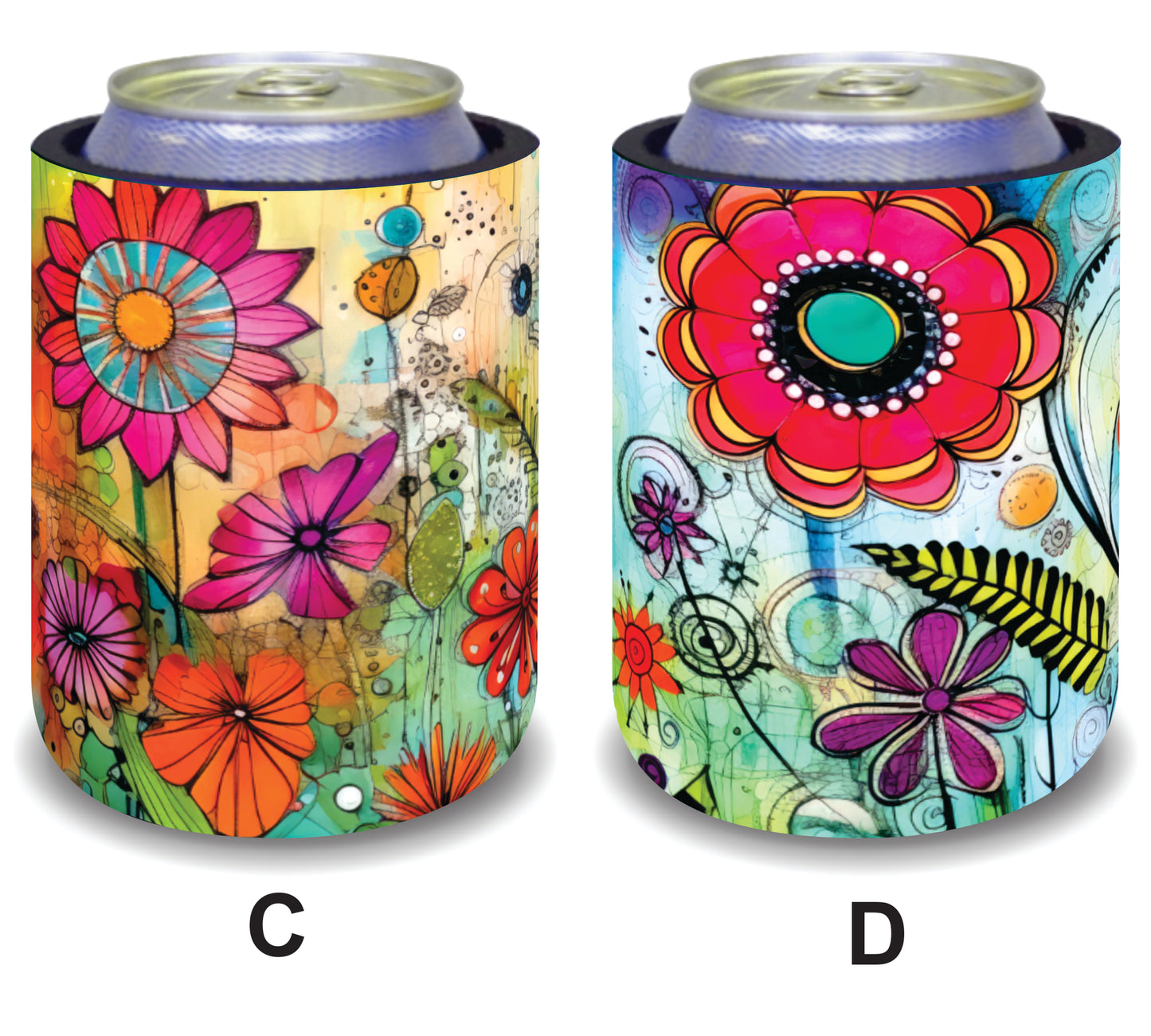 #106 Stubby Holders for home. Set of 2. Full colour stubby holders. Colourful floral designs.