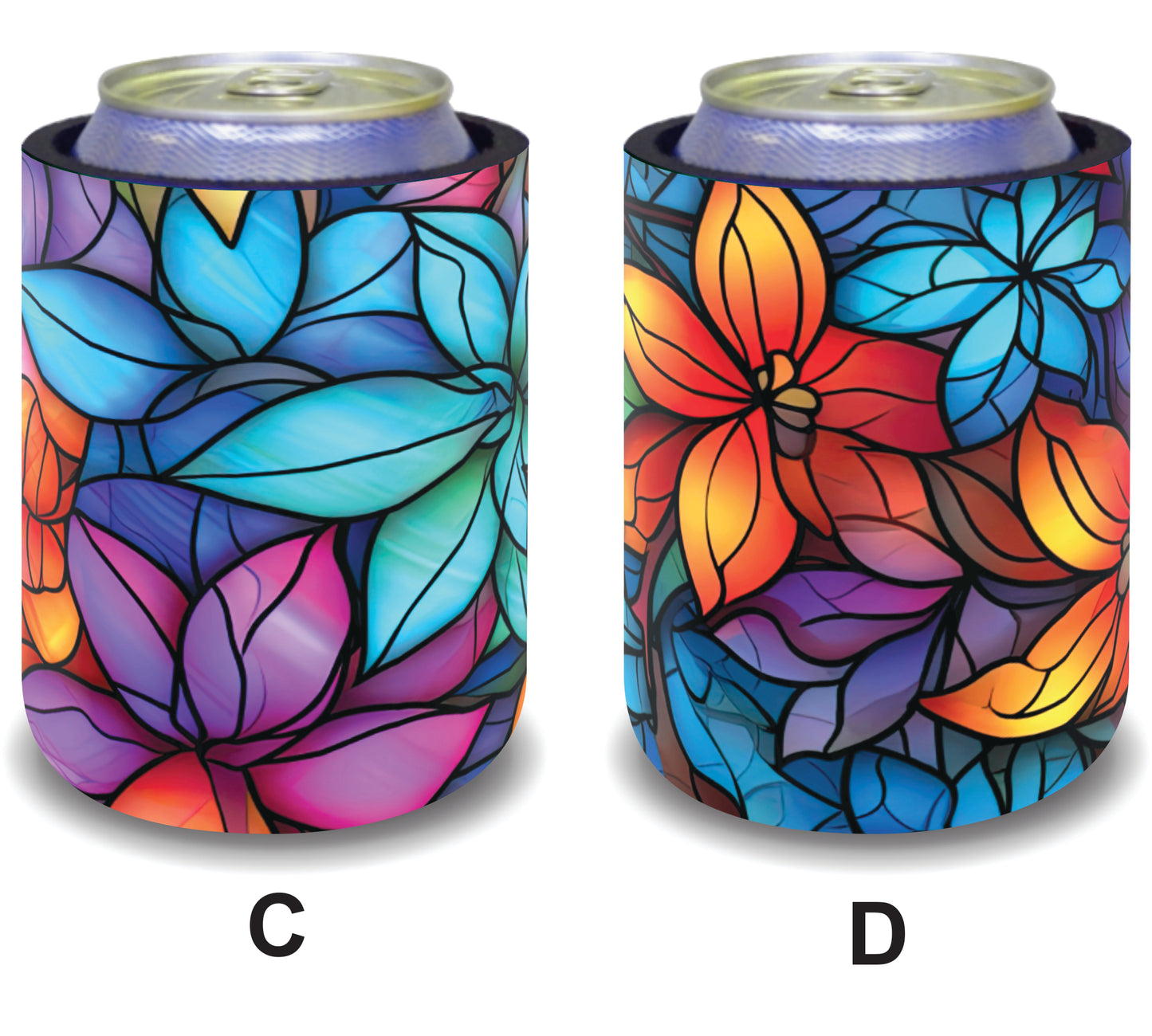 #051 Stubby Holders for home. Set of 2. Full colour stubby holders. Stained Glass Colorful Florals.