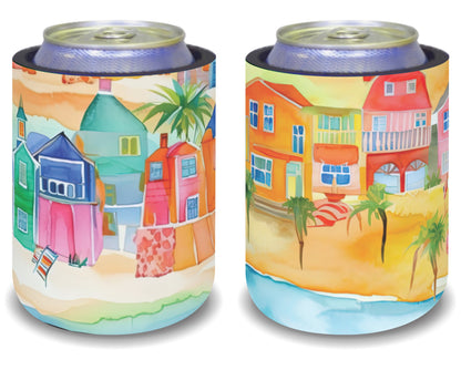 Stubby Holders for home. Set of 6. Full colour stubby holders. Cartoon beach vilage. #098