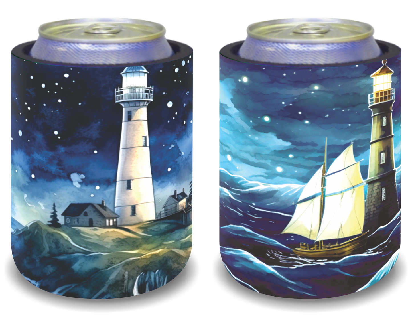 Stubby Holders for home. Set of 6. Full colour stubby holders. Night scene with light house. #104