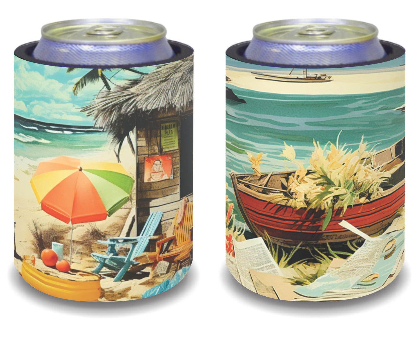 Stubby Holders for home. Set of 6. Full colour stubby holders. Retro Beach Scene. #041