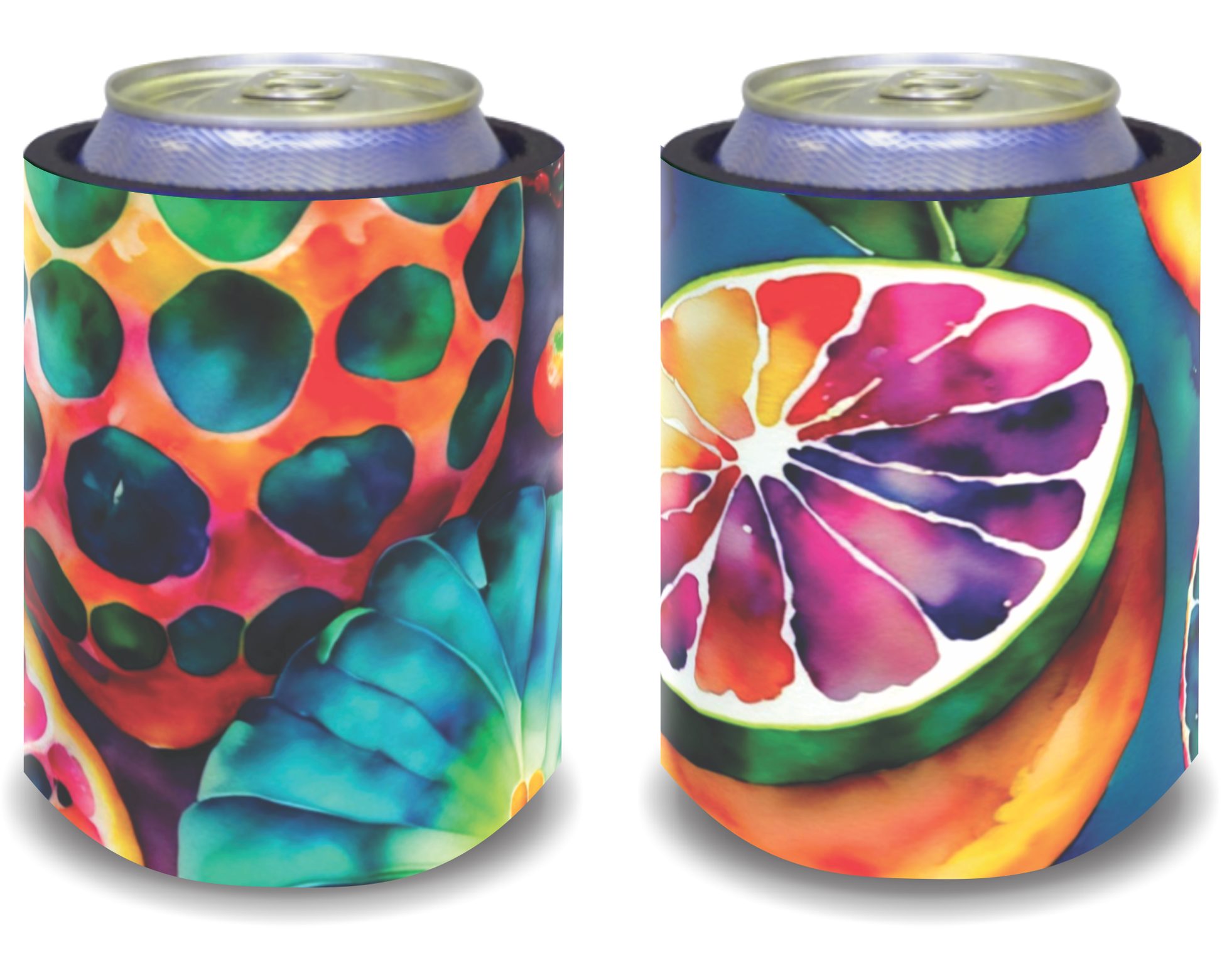 Stubby Holders for home. Set of 6. Full colour stubby holders. Colourfull fruit slices.