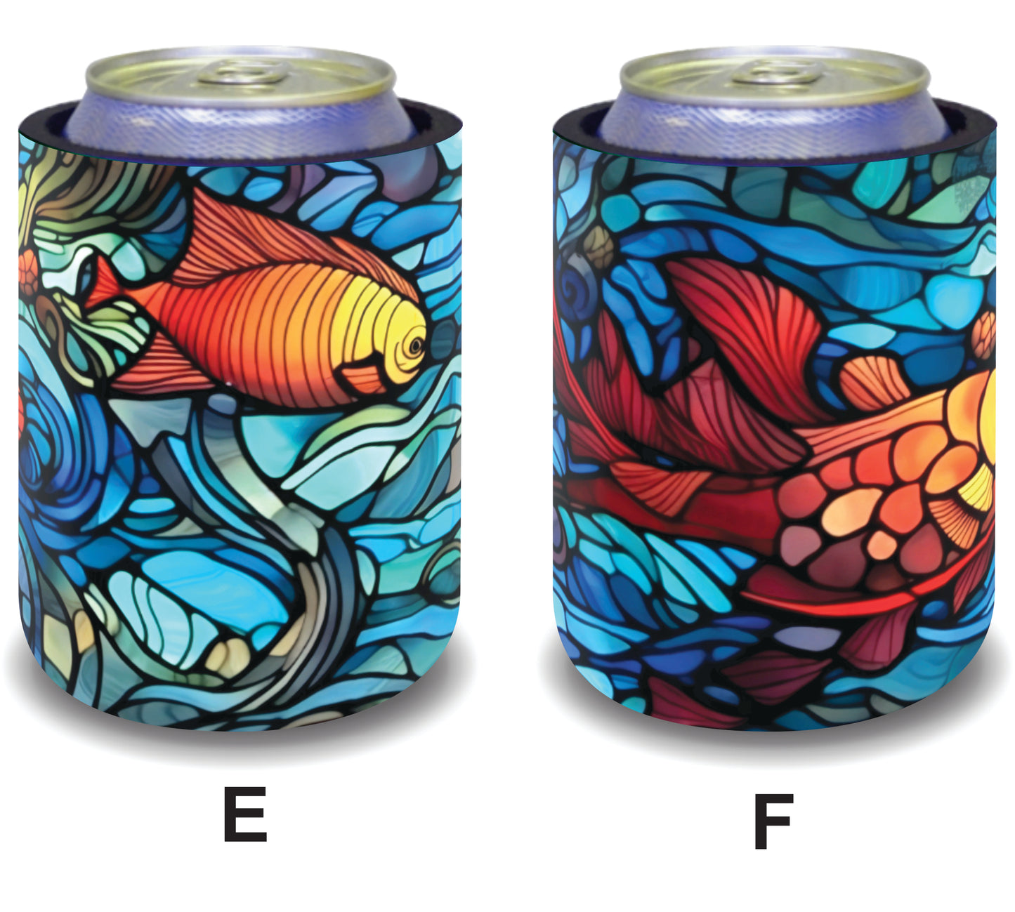 #050 Stubby Holders for home. Set of 2. Full colour stubby holders. Stained Glass Under the sea.