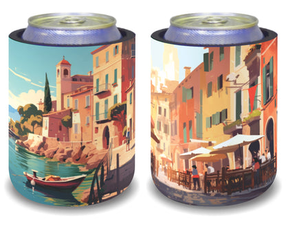 Stubby Holders for home. Set of 6. Full colour stubby holders. Vintage Mediteranian coastal vilage. #109