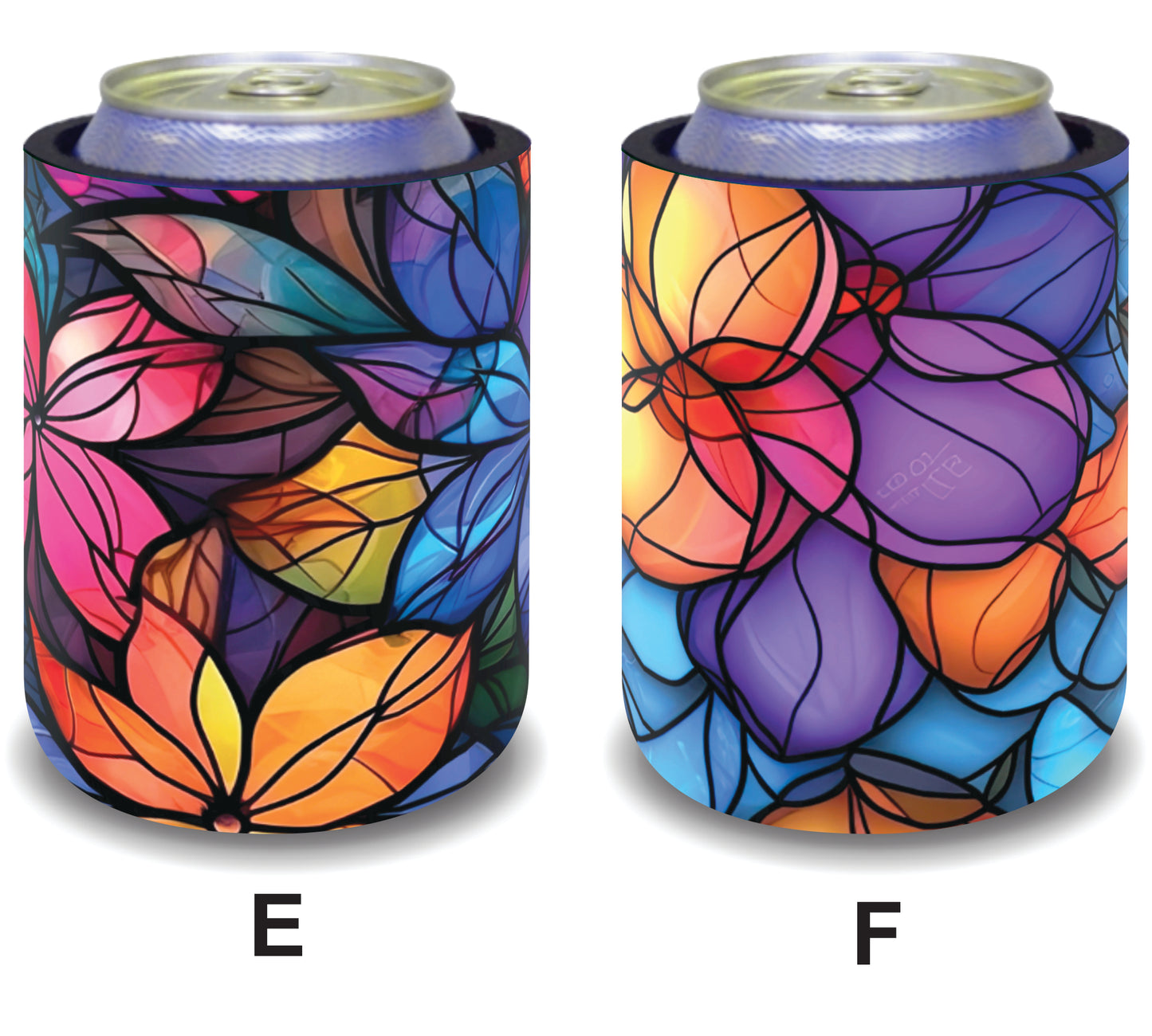 #051 Stubby Holders for home. Set of 2. Full colour stubby holders. Stained Glass Colorful Florals.