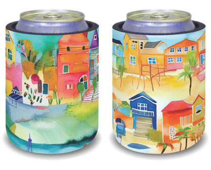 Stubby Holders for home. Set of 6. Full colour stubby holders. Cartoon beach vilage. #098