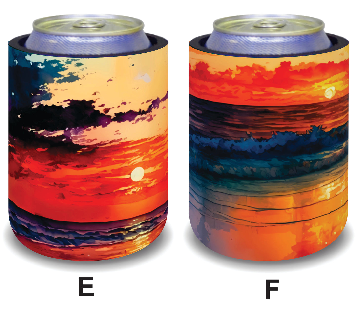 #099 Stubby Holders for home. Set of 2. Full colour stubby holders. Sunset on the beach.