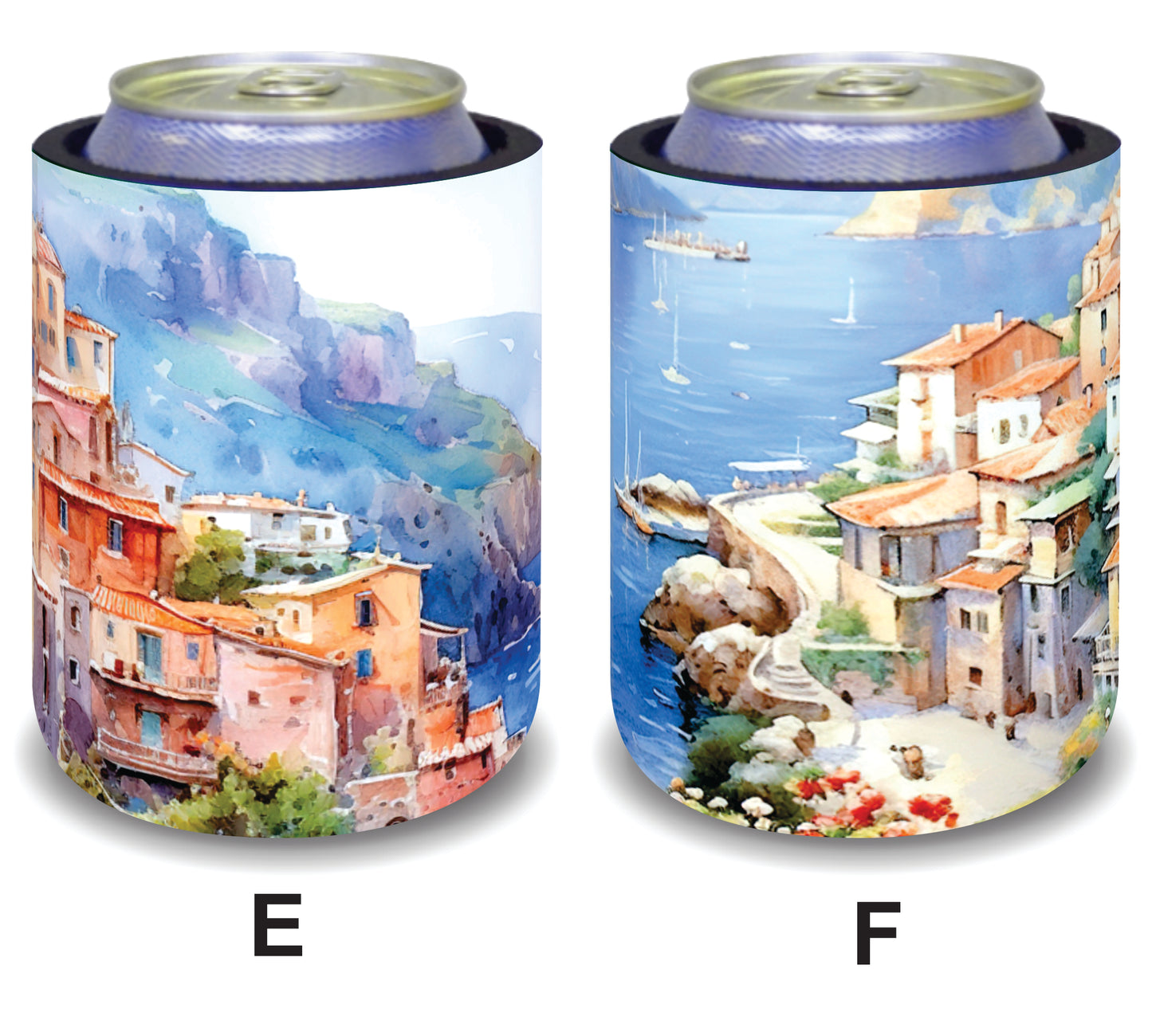 #101 Stubby Holders for home. Set of 2. Full colour stubby holders. Mediterranean coastal village.