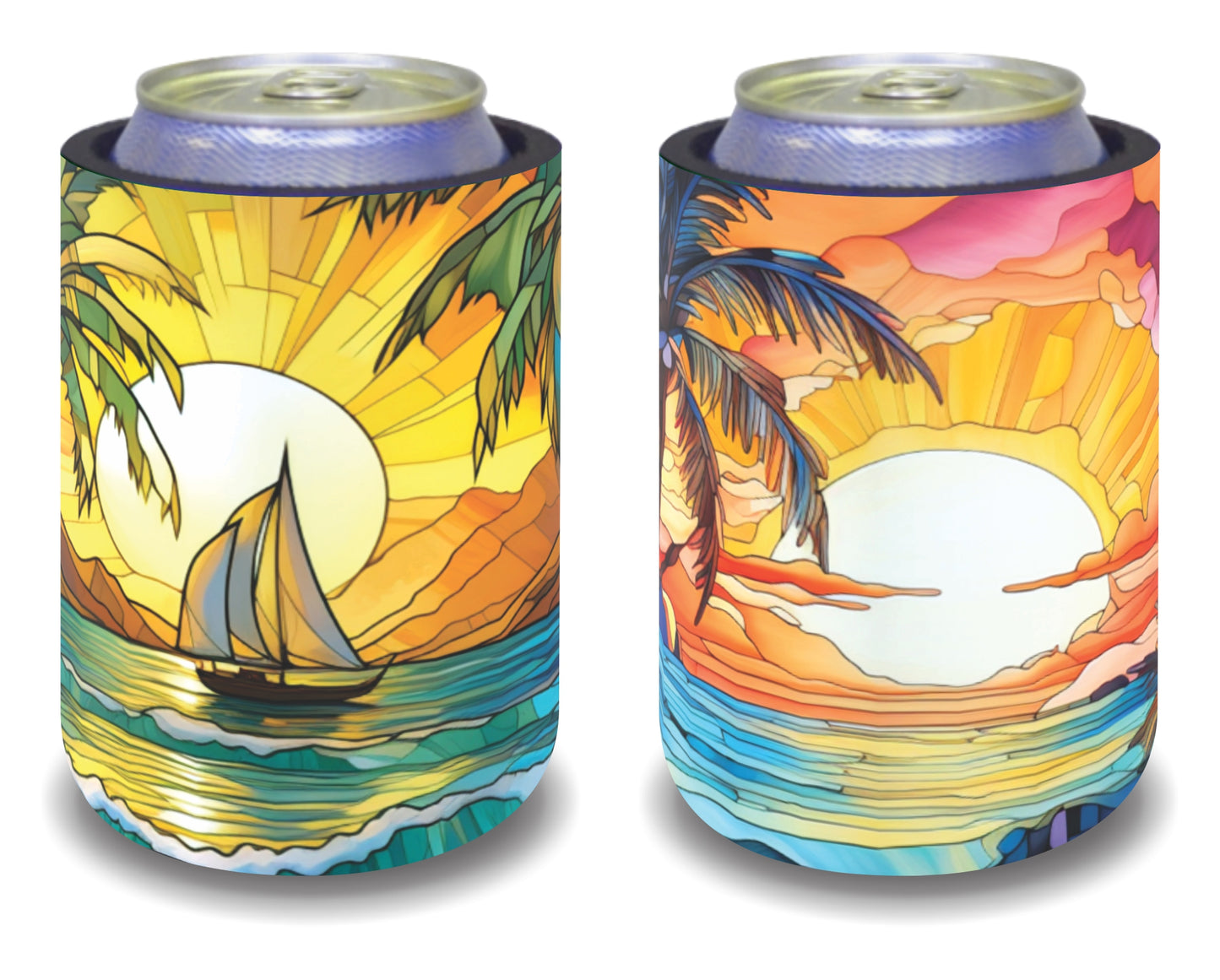 Stubby Holders for home. Set of 6. Full colour stubby holders. Sunset across the horizon. Vintage stained glass.