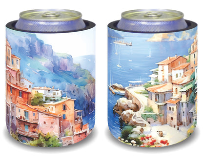 Stubby Holders for home. Set of 6. Full colour stubby holders. Mediteranian coastal vilage. #101