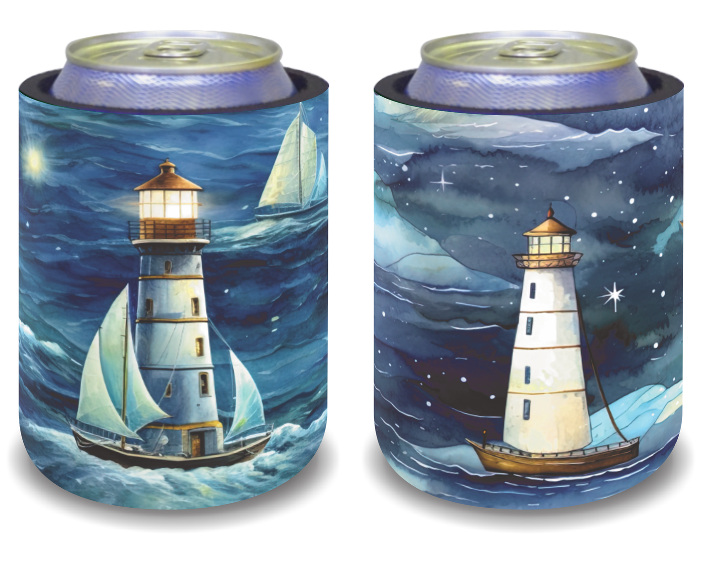 Stubby Holders for home. Set of 6. Full colour stubby holders. Night scene with light house. #104