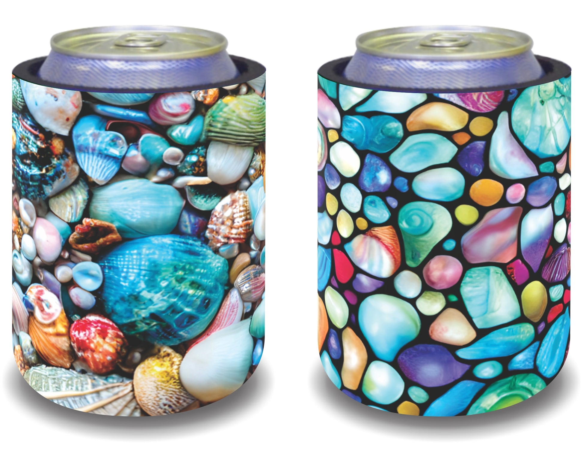 Stubby Holders for home. Set of 6. Full colour stubby holders. Colourfull Beach Pebbles.