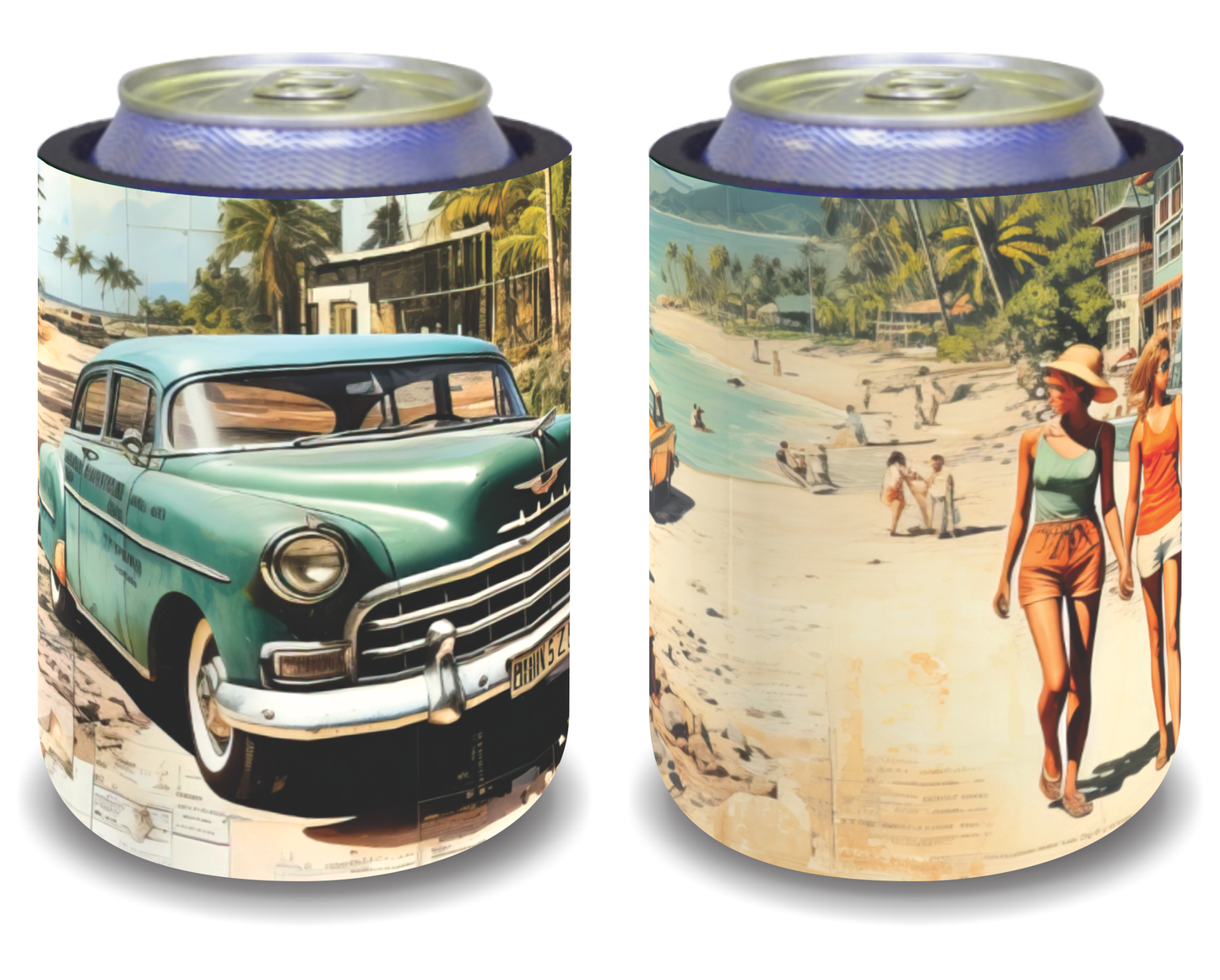 Stubby Holders for home. Set of 6. Full colour stubby holders. Retro beach designs. #094