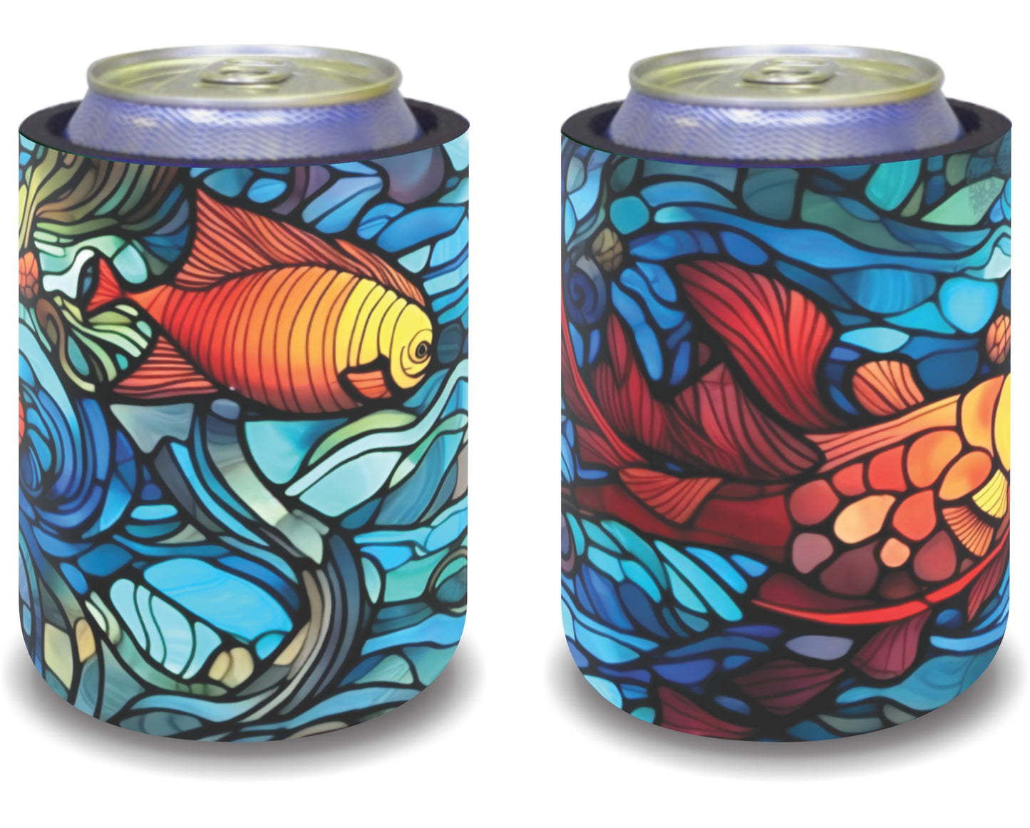 Stubby Holders for home. Set of 6. Full colour stubby holders. Stained Glass Under the sea.