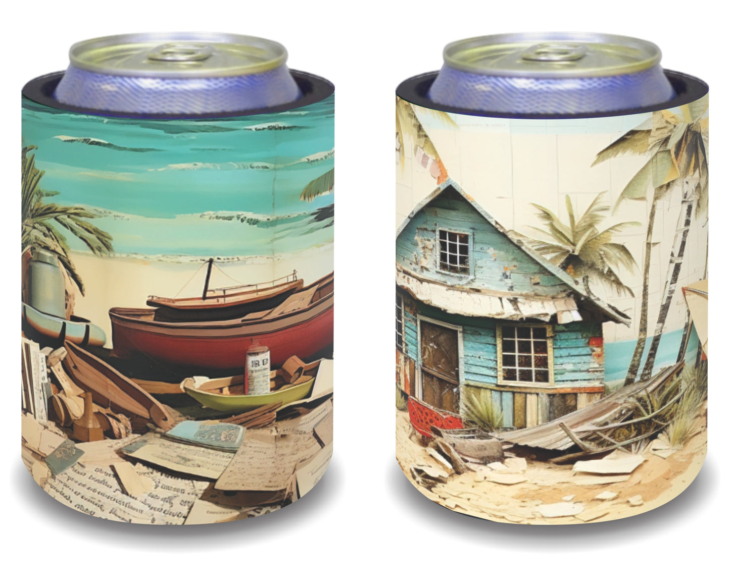 Stubby Holders for home. Set of 6. Full colour stubby holders. Retro Beach Scene. #041