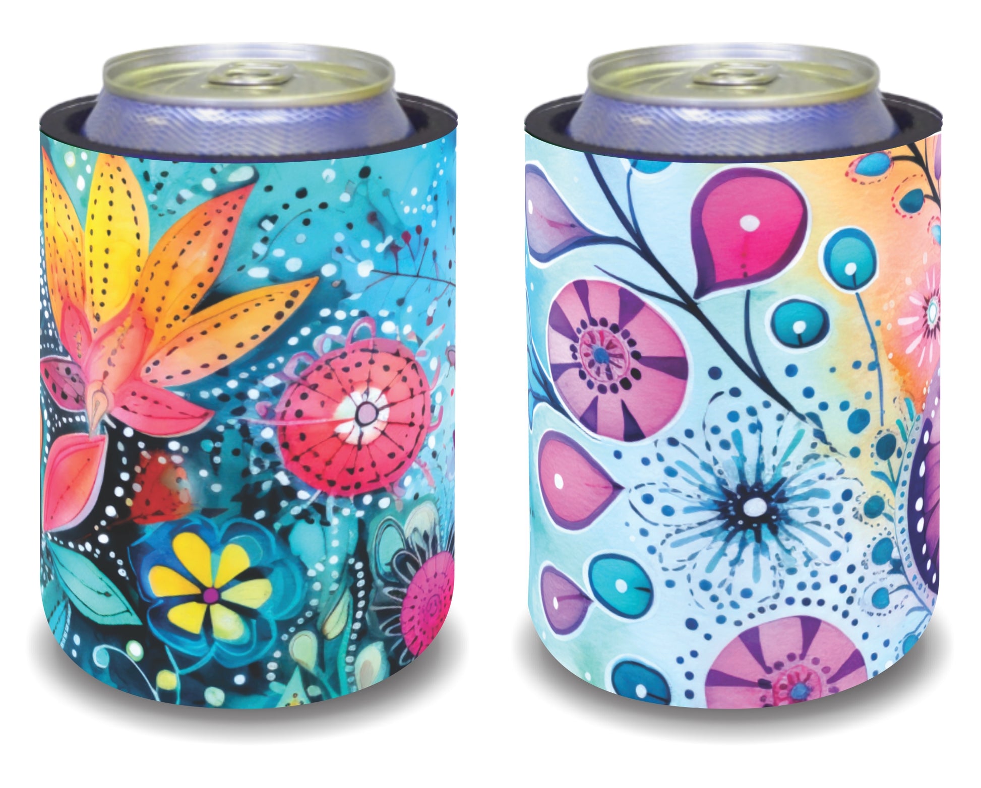 Stubby Holders for home. Set of 6. Full colour stubby holders. Colourfull Floral designs.