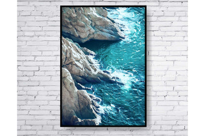 Beach Ocean Wall Art. Beach Prints. Artistic Watercolour beach print. Rocky seaside. Size A4. #0206